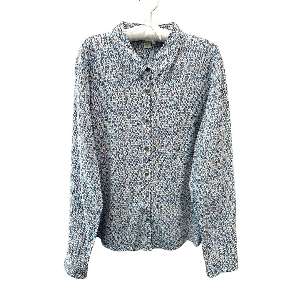 GARNET HILL Blue Leaf Print Cotton Button Down Shirt Coastal | Size 18